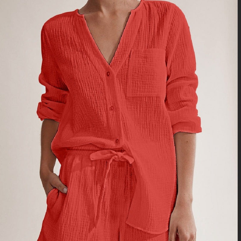 Women Casual Solid Color Double Gauze Cotton Long Sleeve Shorts Pajamas Set