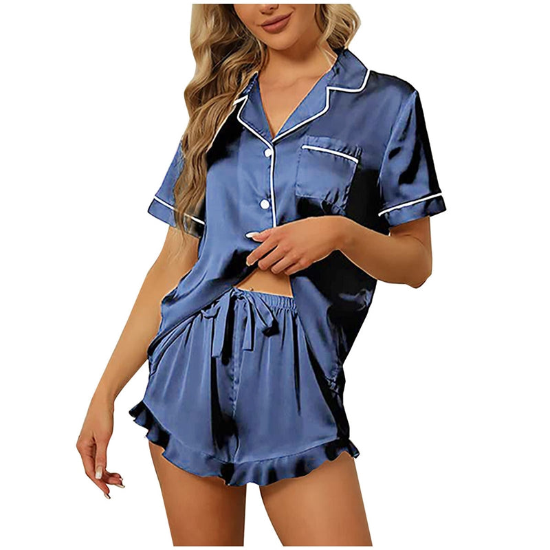 Women Fashion Casual Silk Satin Short-Sleeved V-Neck Top Ruffled Shorts Pajamas Two-Piece Set