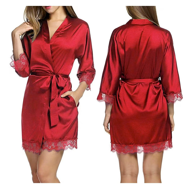 Women Fashion Sexy Solid Color Ice Silk Lace Splicing Lace-Up Pajamas