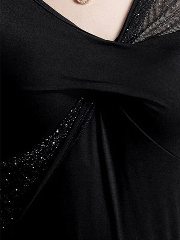 Irregularity Long Sleeves Mesh Slightly Sheer Split-Joint V-Neck T-Shirts