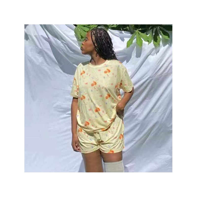 Women Fashion Casual Printed Short-Sleeve T-Shirt Loose Shorts Pajamas Two-Piece Set