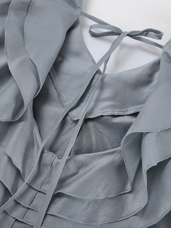 Long Sleeves Backless Ruffled Solid Color V-Neck Blouses&Shirts Tops