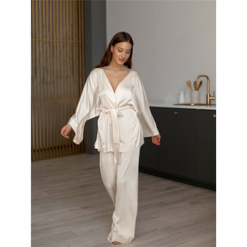 Women Fashion Autumn Solid Color Satin Long-Sleeve Lace-Up Coat Loose Pants Pajamas Two-Piece Set