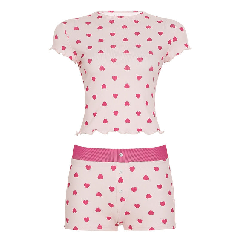 Women Fashion Casual Love Print Short-Sleeve T-Shirt Slim-Fit Shorts Pajamas Two-Piece Set