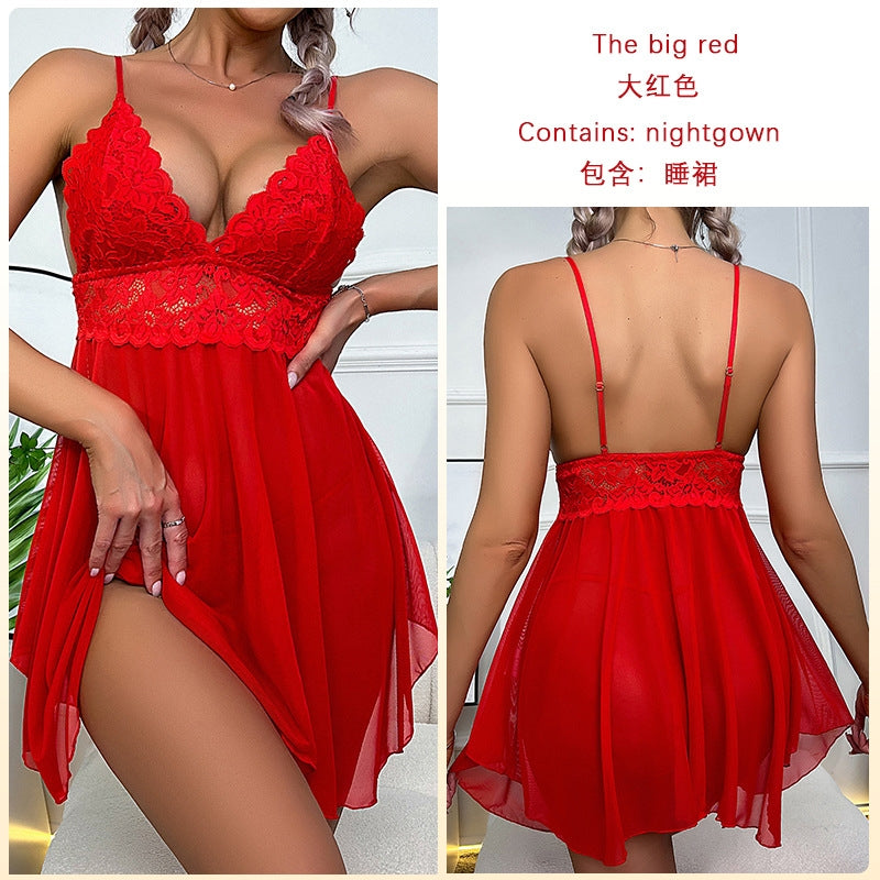 Women Fashion Sexy Deep V Lace Mesh Perspective Sexy Pajamas