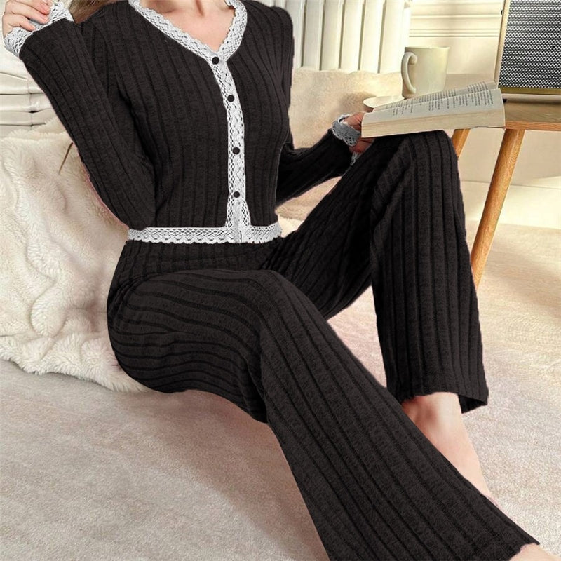 Women Fashion Autumn And Winter Lace Stitching V-Neck Long-Sleeve Top Loose Pants Pajamas Two-Piece Set