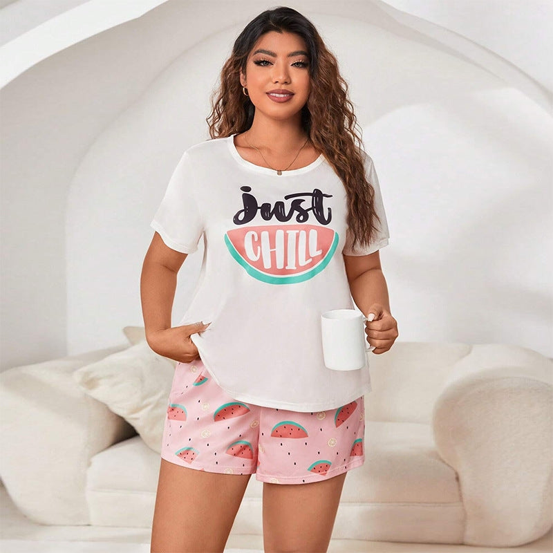 Women Fashion Casual Plus Size Printed T-Shirt Loose Shorts Pajamas Two-Piece Set