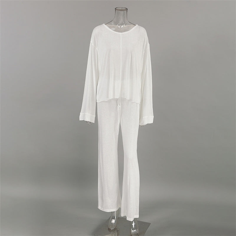 Women Fashion Casual Solid Color Knitted Long Sleeve Top Loose Pants Pajamas Two-Piece Set