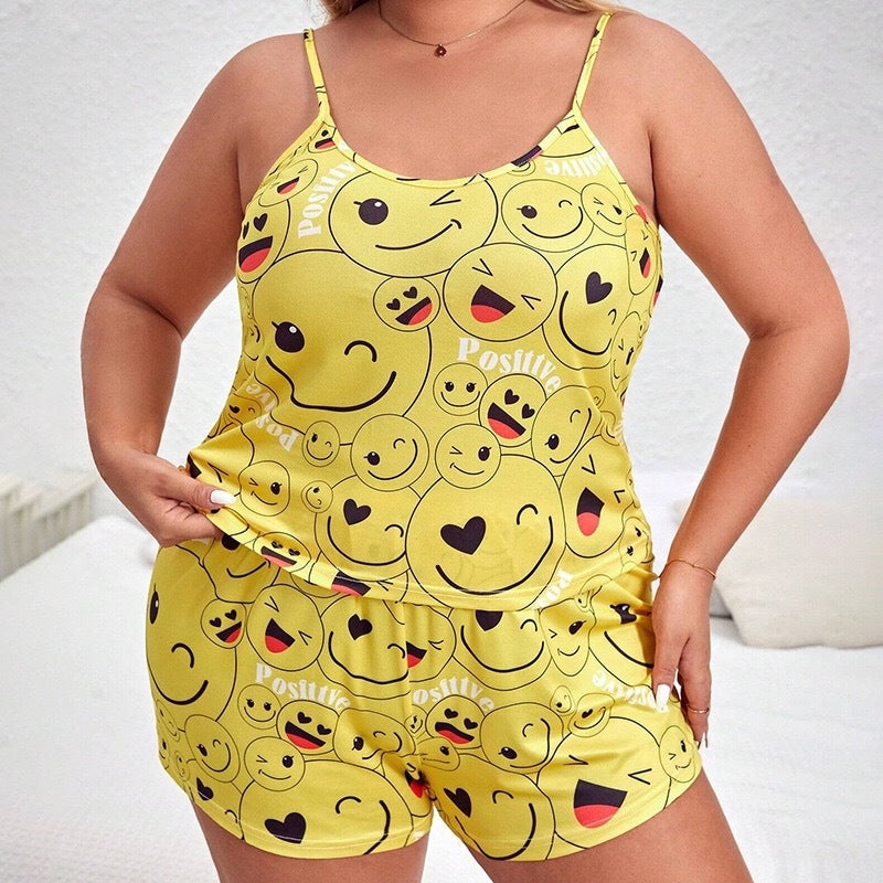 Women Plus Size Smiley-Print Pajamas Two-Piece Set