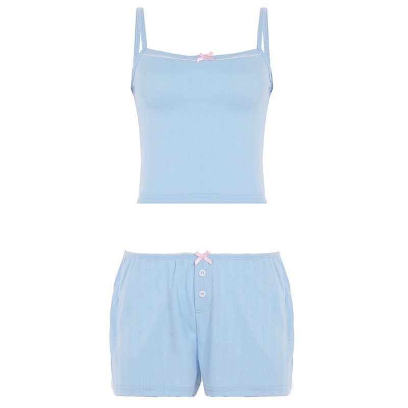 Women Fashion Sexy Solid Color Camisole Loose Shorts Pajamas Two-Piece Set