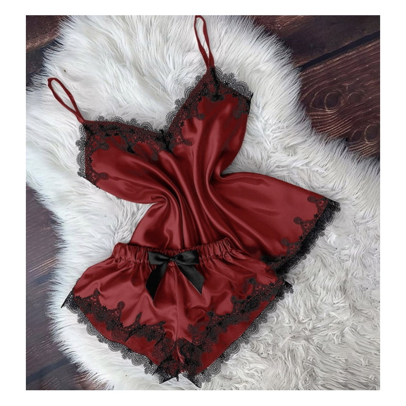 Sweet Women Sexy Loungewear Lace Satin Patchwork Pajamas Set