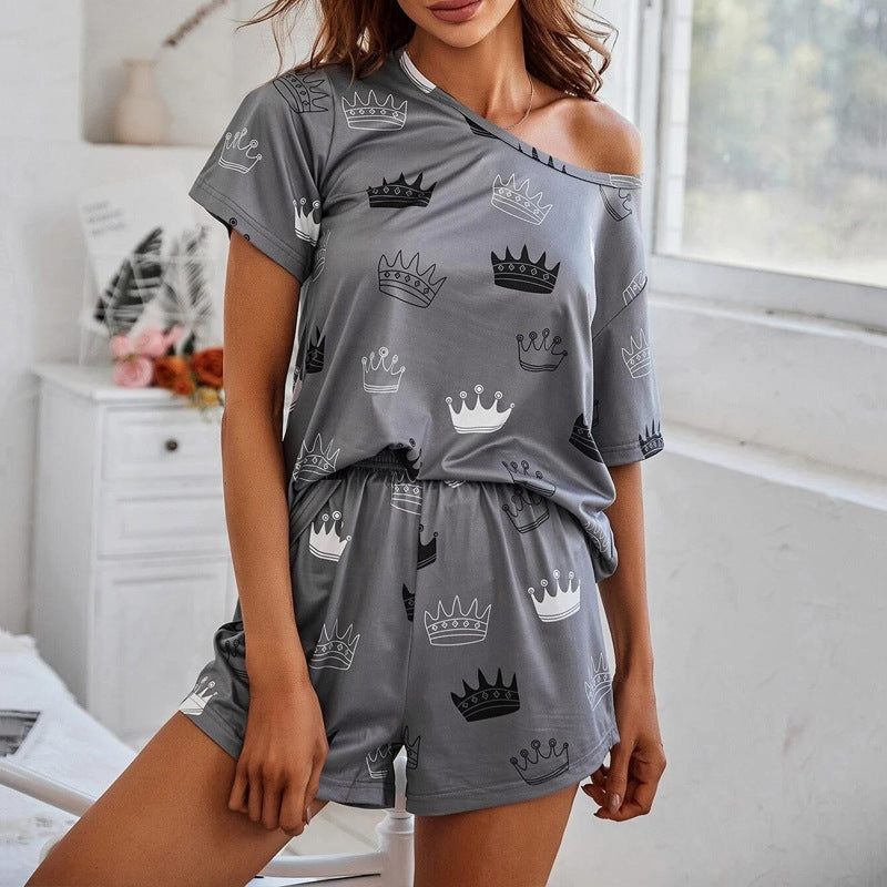 Women Casual Crown Print Pajamas Two-Piece Set