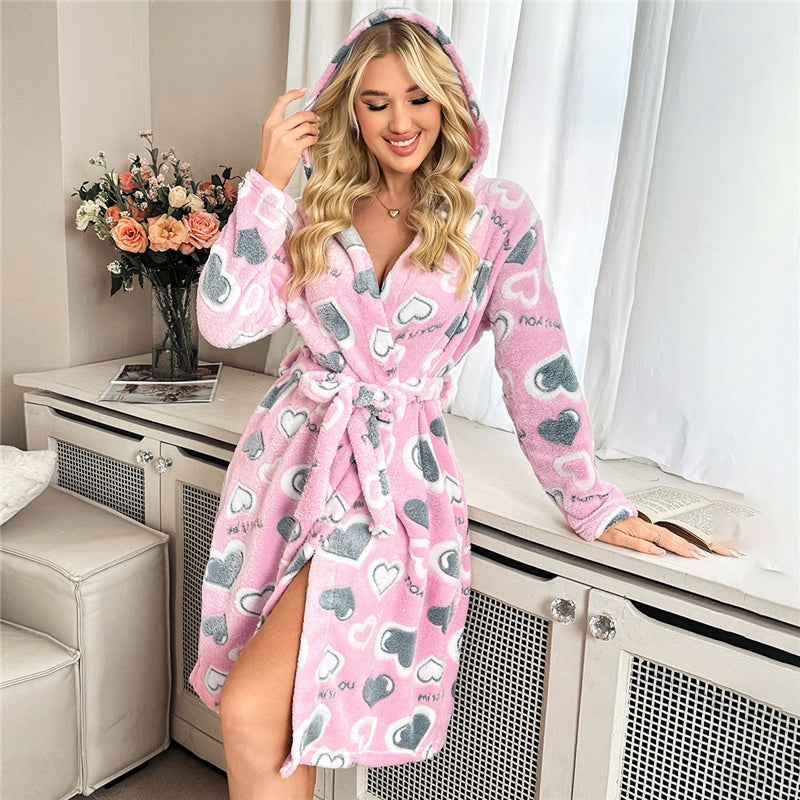 Women Fashion Casual Autumn And Winter Printed Plush Loose Long-Sleeve Lace-Up Hoodies Pajamas