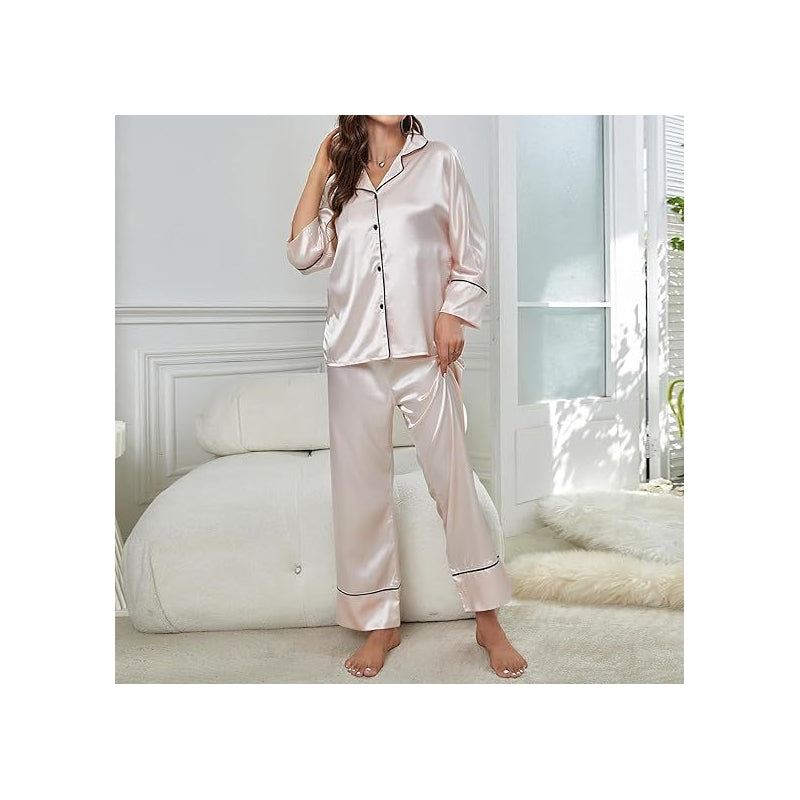 Women Fashion Casual Silk Lapel Long-Sleeved Top Loose Pants Pajamas Two-Piece Set