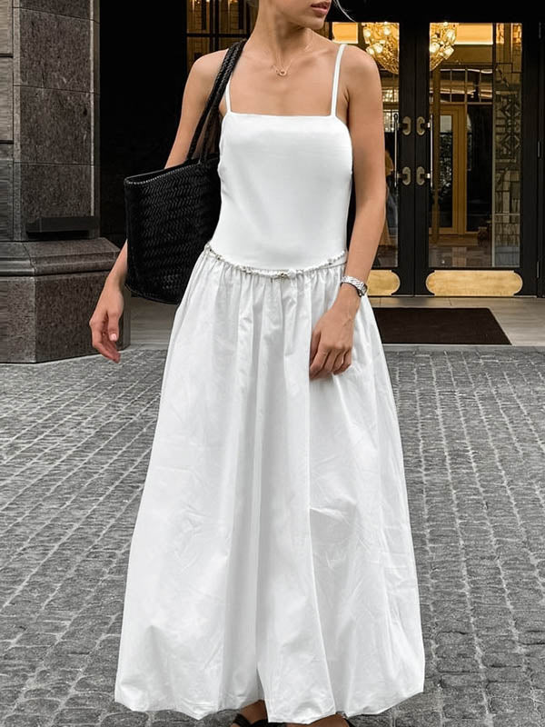 Loose Sleeveless Pleated Solid Color Split-Joint Spaghetti-Neck Midi Dresses