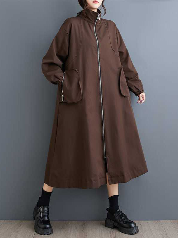 Long Sleeves Loose Elasticity Pockets Split-Joint Zipper High Neck Outerwear Trench Coats