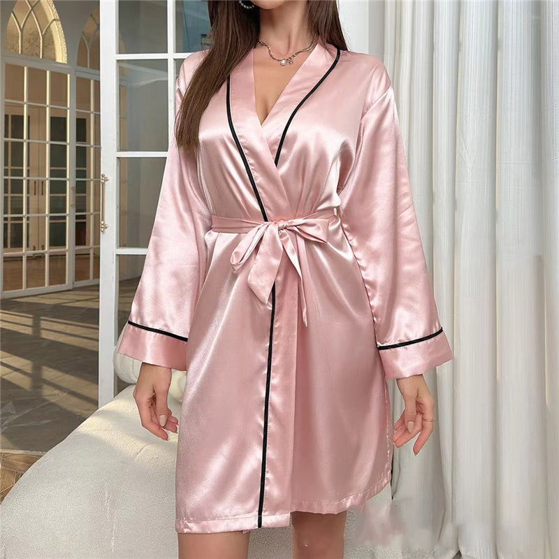 Women Fashion Casual Imitation Silk V-Neck Long-Sleeve Lace-Up Pajamas