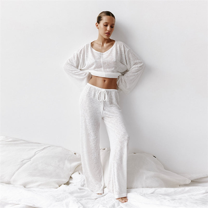 Women Fashion Casual Solid Color Knitted Long Sleeve Top Loose Pants Pajamas Two-Piece Set