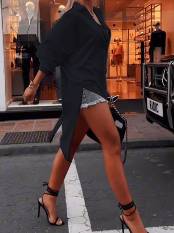 High-Low Long Sleeves Buttoned Solid Color Zipper Lapel Blouses&Shirts Tops