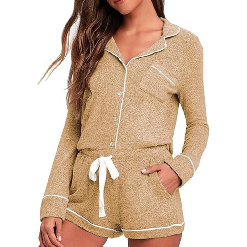 Women Fashion Casual Lapel Long Sleeve Pocket Top Drawstring Shorts Pajamas Two-Piece Set