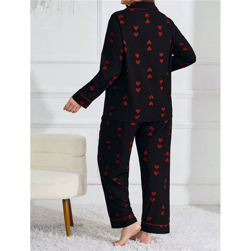 Women Fashion Casual Plus Size Love Printed Lapel Long-Sleeve Top Loose Pants Pajamas Two-Piece Set