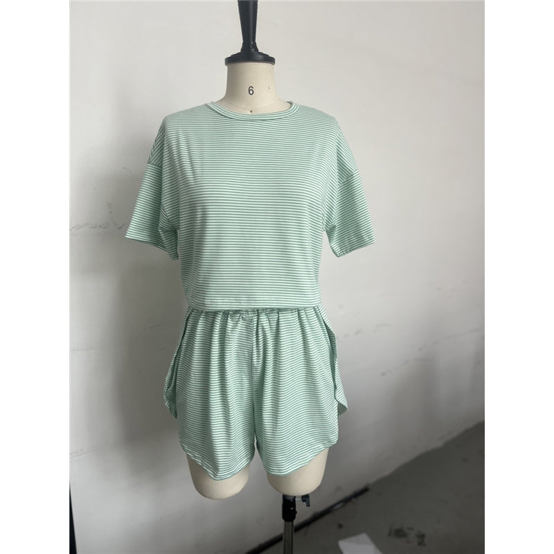 Women Fashion Casual Stripe Short-Sleeve T-Shirt Loose Shorts Pajamas Two-Piece Set