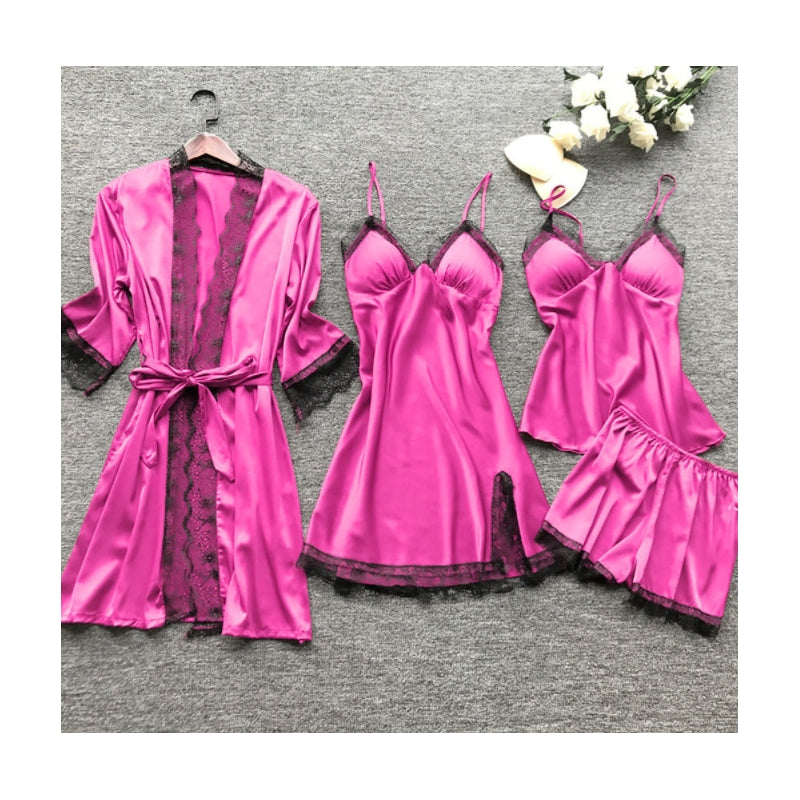 Women Sexy Solid Color Four-Piece Sling Pajamas