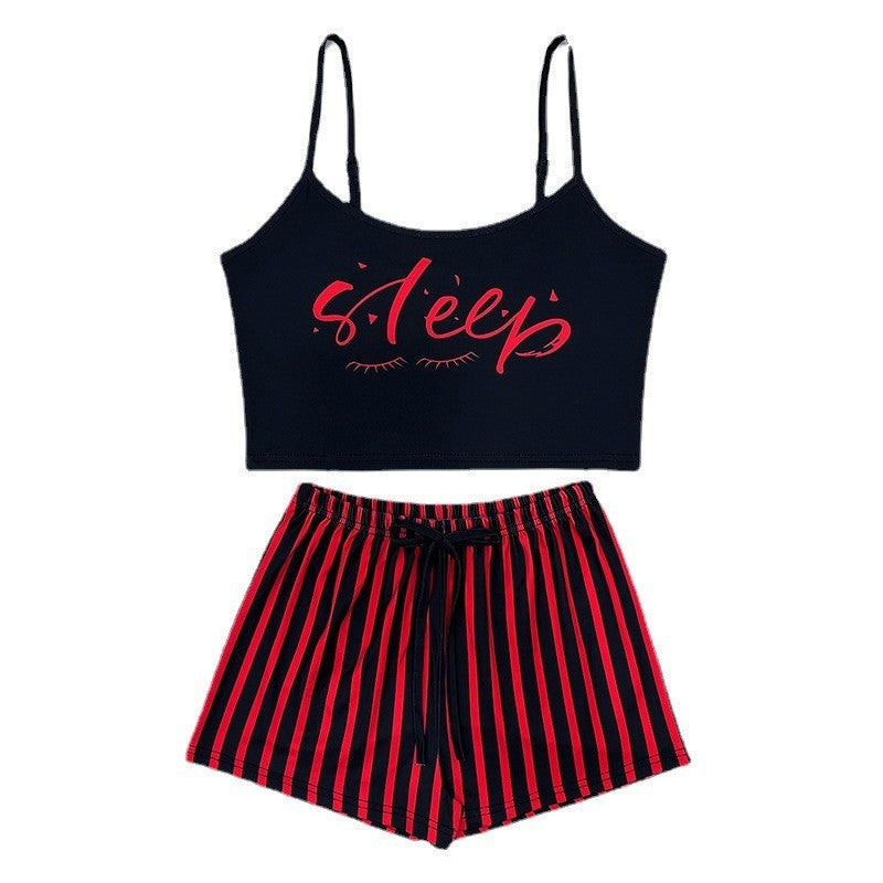 Women Fashion Sexy Letter Printed Camisole Loose Stripe Drawstring Shorts Pajamas Two-Piece Set