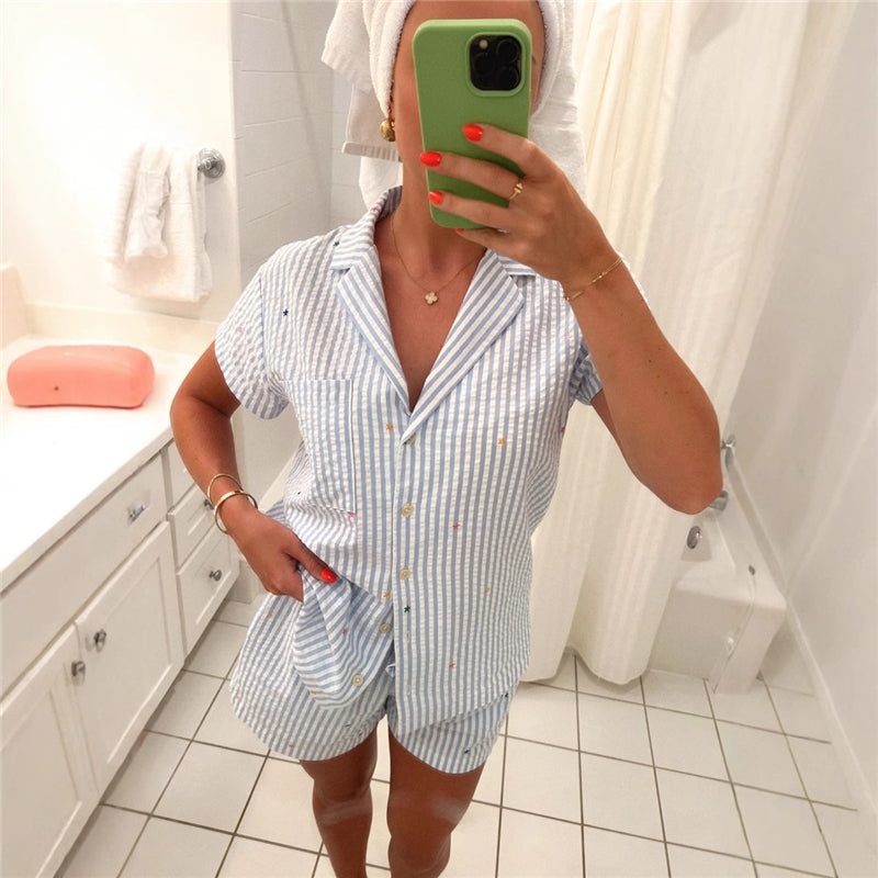 Women Fashion Casual Stripe Lapel Short-Sleeve Top Loose Shorts Pajamas Two-Piece Set