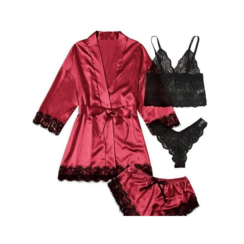 Sexy Women Lace Splicing Straps Long Sleeves Home Pajamas Four-Piece Set