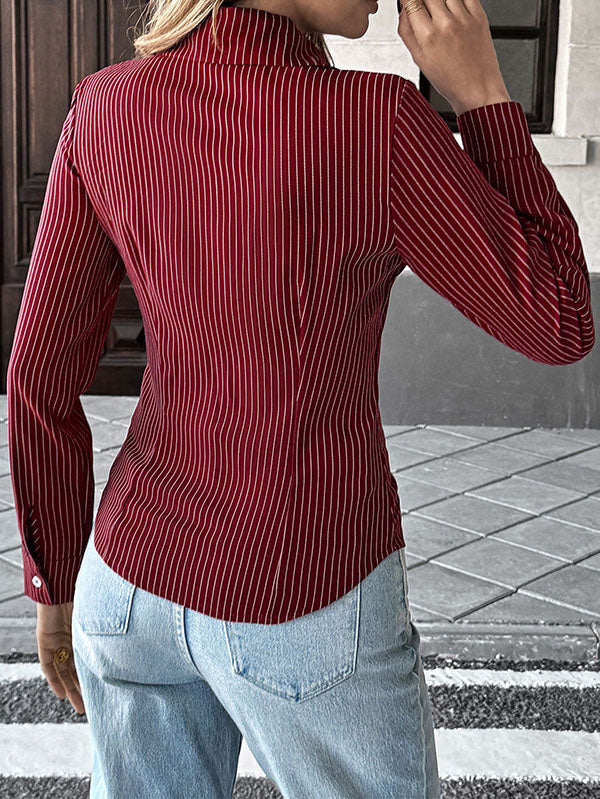 Long Sleeves Skinny Buttoned Contrast Color Striped Lapel Blouses&Shirts Tops