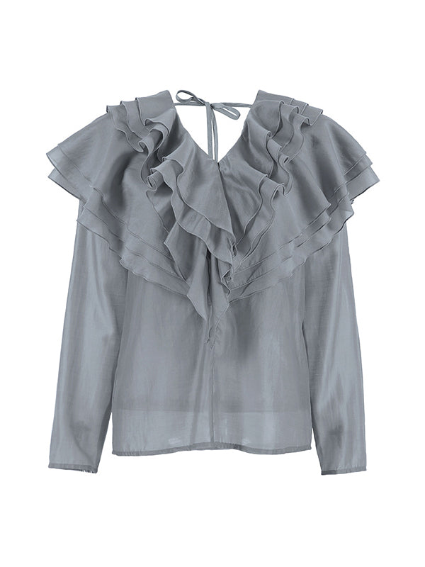 Long Sleeves Backless Ruffled Solid Color V-Neck Blouses&Shirts Tops