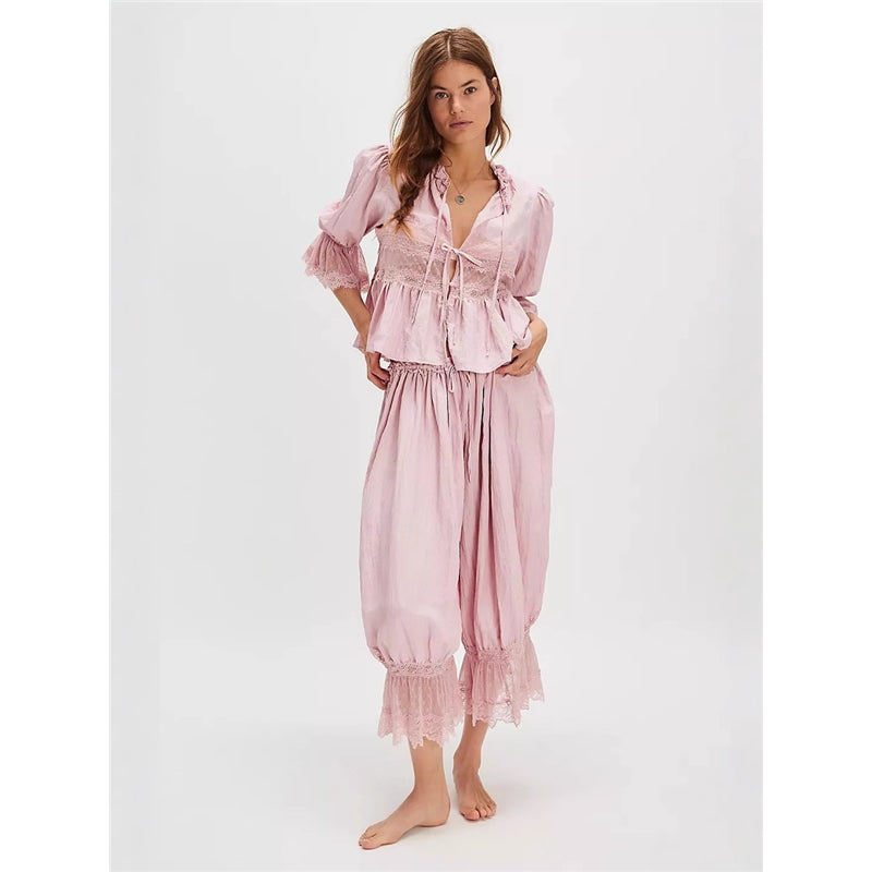 Women Fashion Elegant Lace Hollow-Out Lace-Up Pajamas Pants