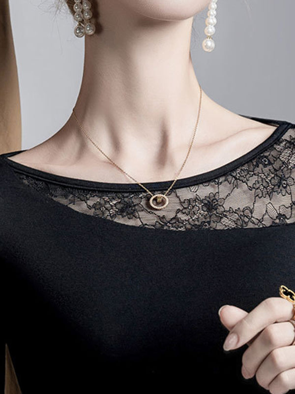 False Two Long Sleeves Asymmetric Embroidered Mesh See-Through Split-Joint Round-Neck T-Shirts