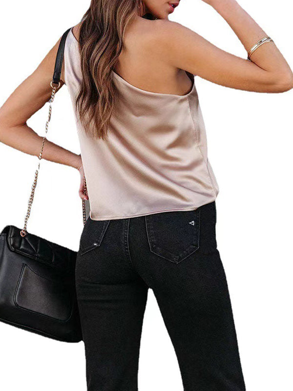Loose Sleeveless Asymmetric Solid Color One-Shoulder Vest Top