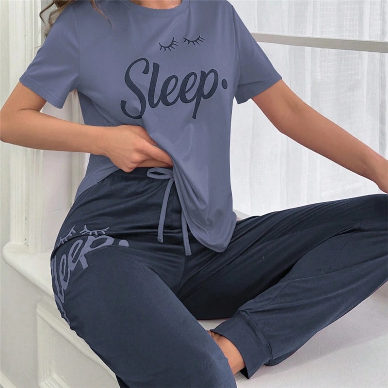 Women Fashion Casual Printed Short Sleeve T-Shirt Drawstring Pants Pajamas Two-Piece Set
