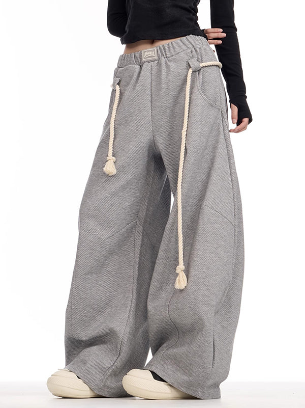 High Waisted Loose Drawstring Elasticity Pockets Solid Color Pants Trousers