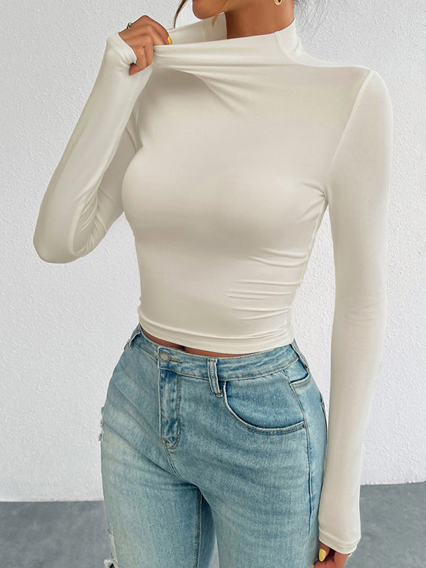 Long Sleeves Skinny Solid Color High Neck T-Shirts Tops