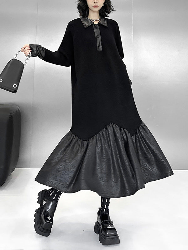 A-Line Long Sleeves Buttoned Split-Joint Polo Midi Dresses Sweater Dresses