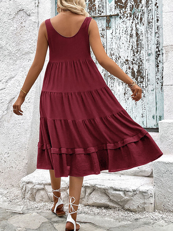 Loose Sleeveless Buttoned Solid Color Tiered Round-neck Midi Dresses