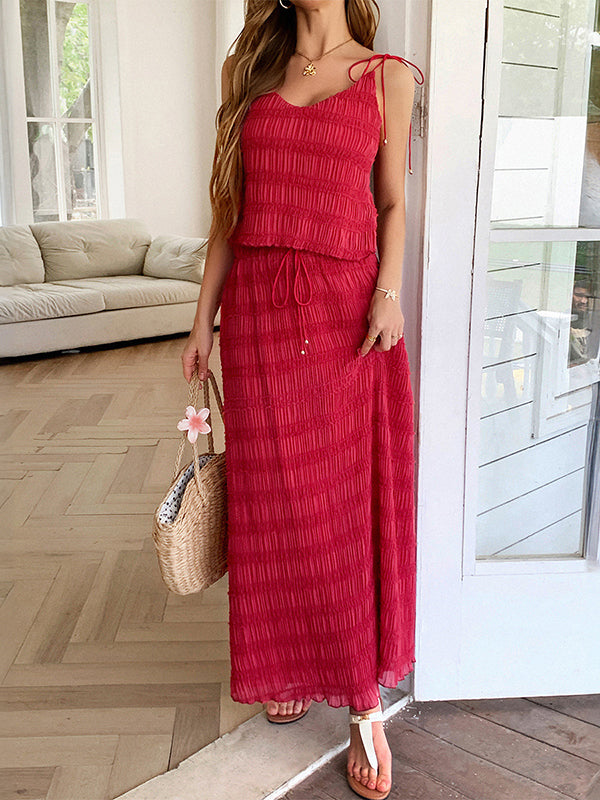 Loose Sleeveless Pleated Solid Color Spaghetti-Neck Vest Top + Drawstring Skirts Bottom Two Pieces Set