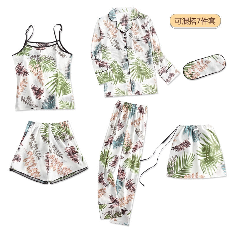 Women Simple Casual Stripe Printed Thin Pajamas Seven-Piece Set