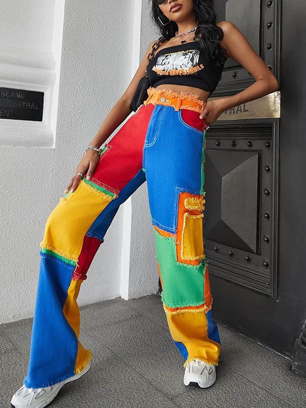 High Waisted Loose Buttoned Contrast Color Fringed Split-Joint Jean Pants Bottoms Trousers