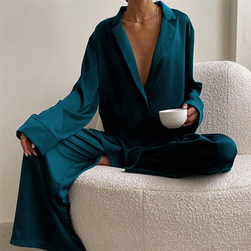 Women Fashion Casual Solid Color Ice Silk Lapel Long-Sleeve Loose Pants Pajamas Two-Piece Set