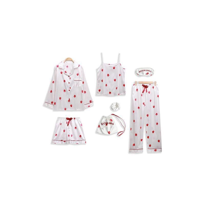 Women Simple Casual Stripe Printed Thin Pajamas Seven-Piece Set