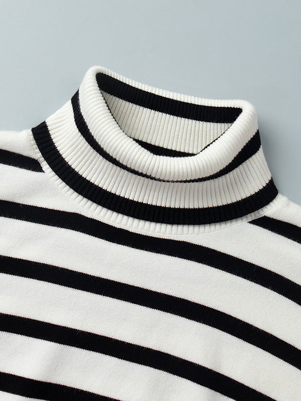 High-Low Long Sleeves Split-Joint Split-Side Striped High Neck Sweater Tops