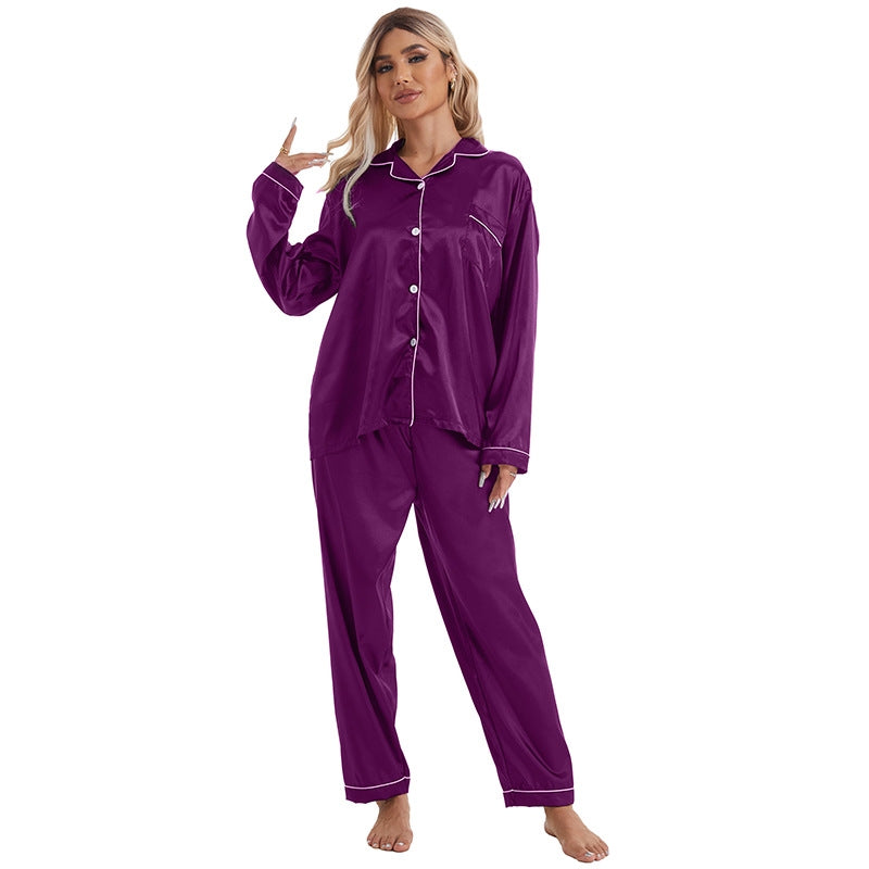 Women Simple Casual Lapel Ice Silk Long-Sleeved Pajamas Set