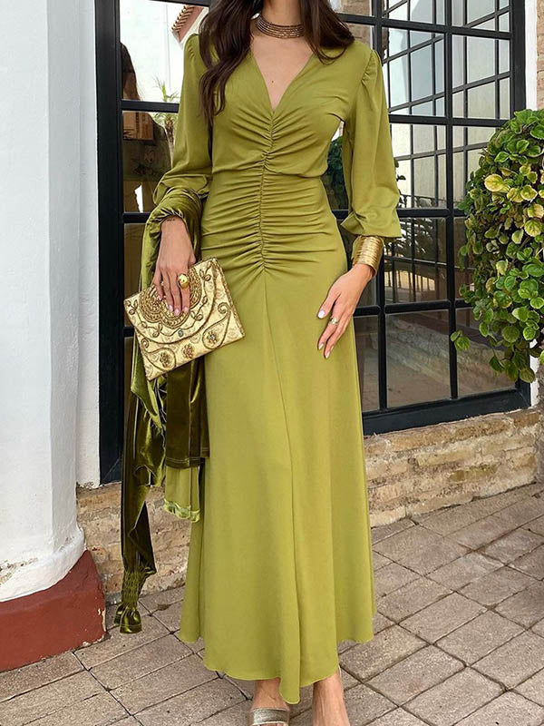 Bodycon Nine-Minute Sleeve Pleated Solid Color V-Neck Maxi Dresses