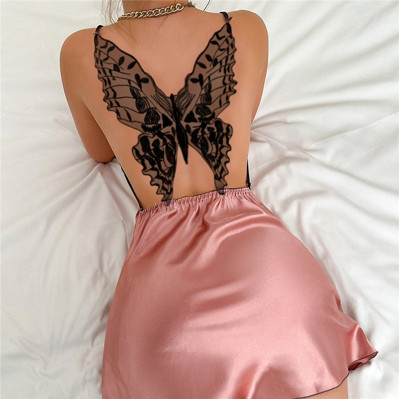 Women Fashion Sexy Solid Color Satin Spaghetti Strap Butterfly Backless Pajamas Dress
