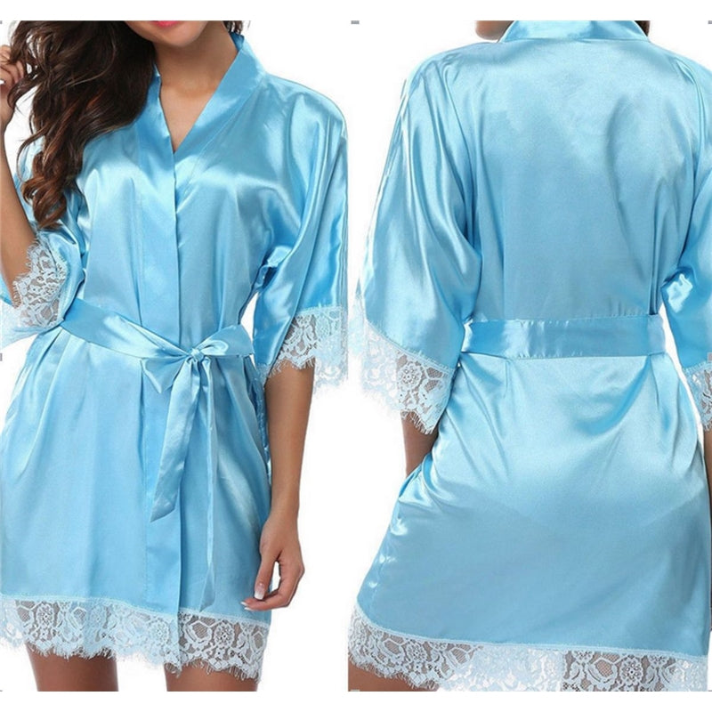 Women Fashion Sexy Solid Color Ice Silk Lace Splicing Lace-Up Pajamas